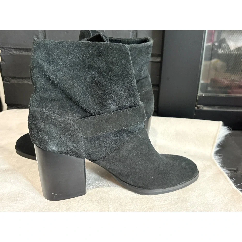 Isola Black Suede Buckle Ankle Boots Block Heel Slouchy Booties Womens Size 9M